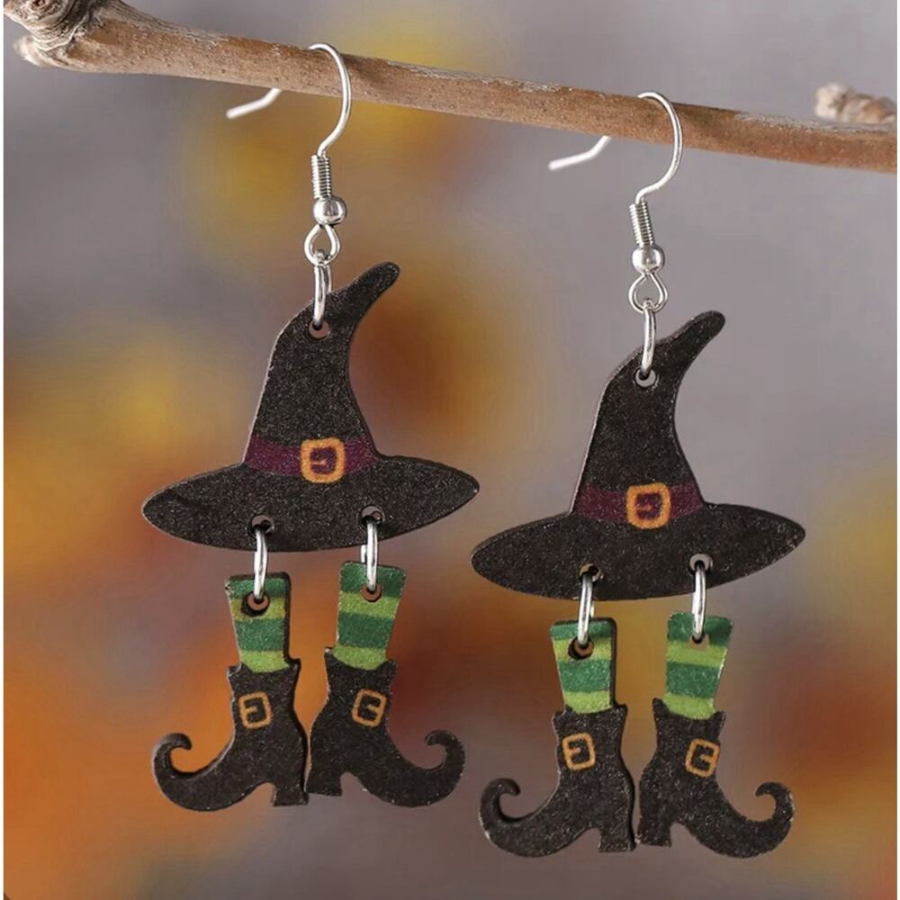 Witch Hat Green Stockings Dangle 2D Earrings, Green Black Halloween NEW‎
